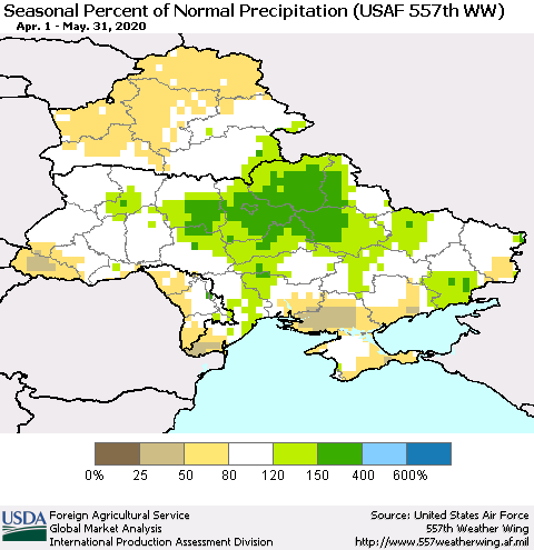 Ukraine, Moldova and Belarus Seasonal Percent of Normal Precipitation (USAF 557th WW) Thematic Map For 4/1/2020 - 5/31/2020