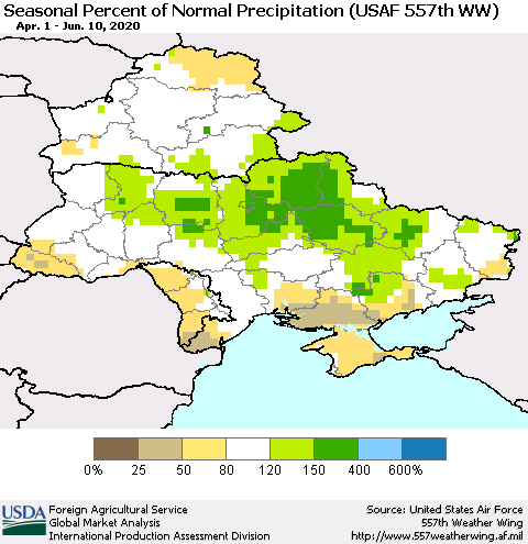 Ukraine, Moldova and Belarus Seasonal Percent of Normal Precipitation (USAF 557th WW) Thematic Map For 4/1/2020 - 6/10/2020