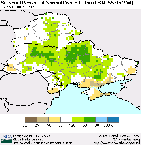 Ukraine, Moldova and Belarus Seasonal Percent of Normal Precipitation (USAF 557th WW) Thematic Map For 4/1/2020 - 6/20/2020