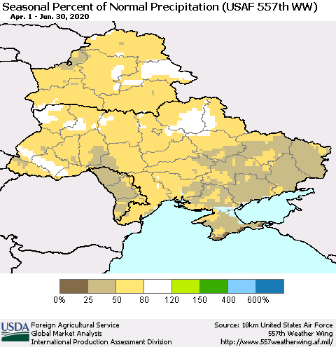 Ukraine, Moldova and Belarus Seasonal Percent of Normal Precipitation (USAF 557th WW) Thematic Map For 4/1/2020 - 6/30/2020