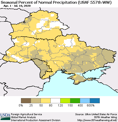 Ukraine, Moldova and Belarus Seasonal Percent of Normal Precipitation (USAF 557th WW) Thematic Map For 4/1/2020 - 7/10/2020