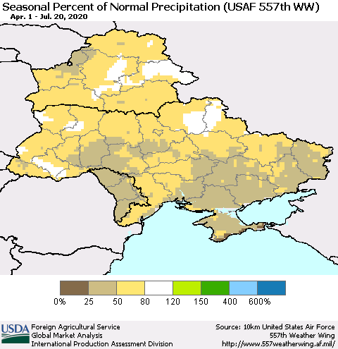 Ukraine, Moldova and Belarus Seasonal Percent of Normal Precipitation (USAF 557th WW) Thematic Map For 4/1/2020 - 7/20/2020