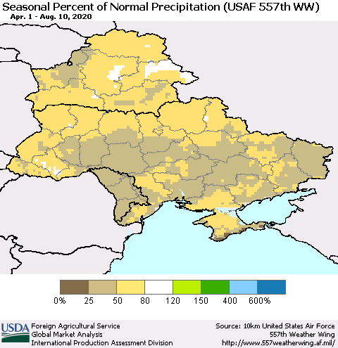 Ukraine, Moldova and Belarus Seasonal Percent of Normal Precipitation (USAF 557th WW) Thematic Map For 4/1/2020 - 8/10/2020