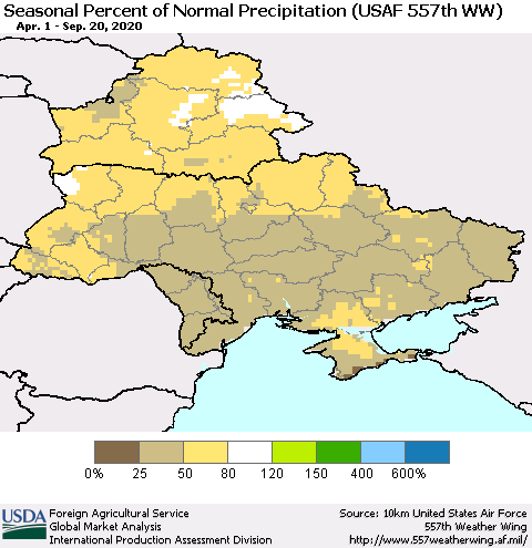 Ukraine, Moldova and Belarus Seasonal Percent of Normal Precipitation (USAF 557th WW) Thematic Map For 4/1/2020 - 9/20/2020