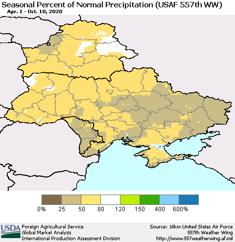 Ukraine, Moldova and Belarus Seasonal Percent of Normal Precipitation (USAF 557th WW) Thematic Map For 4/1/2020 - 10/10/2020
