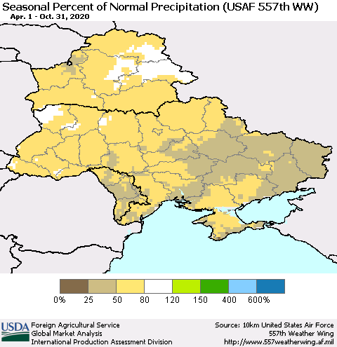 Ukraine, Moldova and Belarus Seasonal Percent of Normal Precipitation (USAF 557th WW) Thematic Map For 4/1/2020 - 10/31/2020