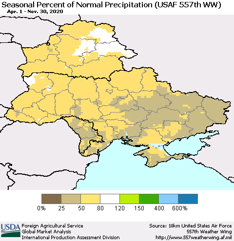 Ukraine, Moldova and Belarus Seasonal Percent of Normal Precipitation (USAF 557th WW) Thematic Map For 4/1/2020 - 11/30/2020