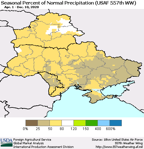 Ukraine, Moldova and Belarus Seasonal Percent of Normal Precipitation (USAF 557th WW) Thematic Map For 4/1/2020 - 12/10/2020
