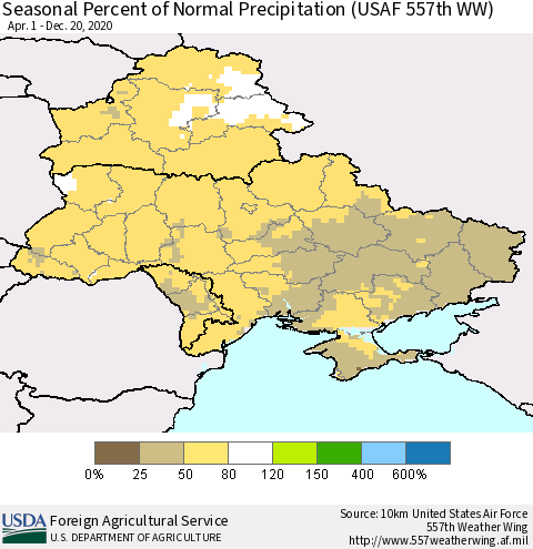 Ukraine, Moldova and Belarus Seasonal Percent of Normal Precipitation (USAF 557th WW) Thematic Map For 4/1/2020 - 12/20/2020