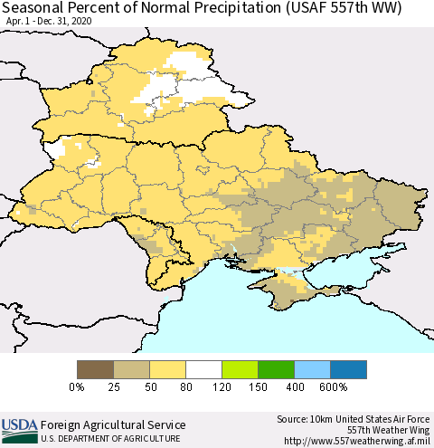 Ukraine, Moldova and Belarus Seasonal Percent of Normal Precipitation (USAF 557th WW) Thematic Map For 4/1/2020 - 12/31/2020