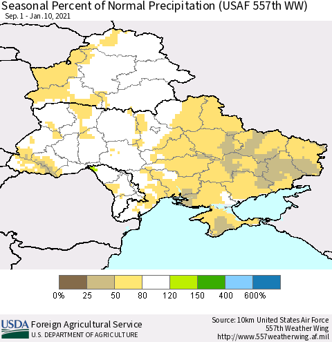 Ukraine, Moldova and Belarus Seasonal Percent of Normal Precipitation (USAF 557th WW) Thematic Map For 9/1/2020 - 1/10/2021
