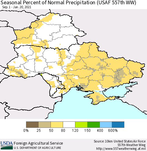 Ukraine, Moldova and Belarus Seasonal Percent of Normal Precipitation (USAF 557th WW) Thematic Map For 9/1/2020 - 1/20/2021