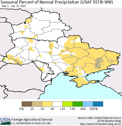 Ukraine, Moldova and Belarus Seasonal Percent of Normal Precipitation (USAF 557th WW) Thematic Map For 9/1/2020 - 1/31/2021