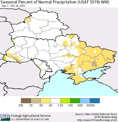 Ukraine, Moldova and Belarus Seasonal Percent of Normal Precipitation (USAF 557th WW) Thematic Map For 9/1/2020 - 2/10/2021