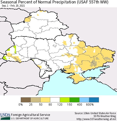 Ukraine, Moldova and Belarus Seasonal Percent of Normal Precipitation (USAF 557th WW) Thematic Map For 9/1/2020 - 2/20/2021