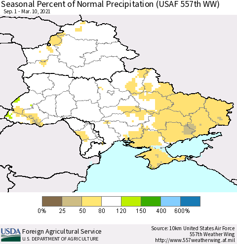 Ukraine, Moldova and Belarus Seasonal Percent of Normal Precipitation (USAF 557th WW) Thematic Map For 9/1/2020 - 3/10/2021