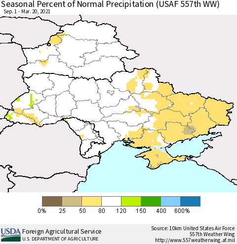 Ukraine, Moldova and Belarus Seasonal Percent of Normal Precipitation (USAF 557th WW) Thematic Map For 9/1/2020 - 3/20/2021
