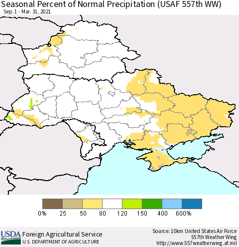 Ukraine, Moldova and Belarus Seasonal Percent of Normal Precipitation (USAF 557th WW) Thematic Map For 9/1/2020 - 3/31/2021