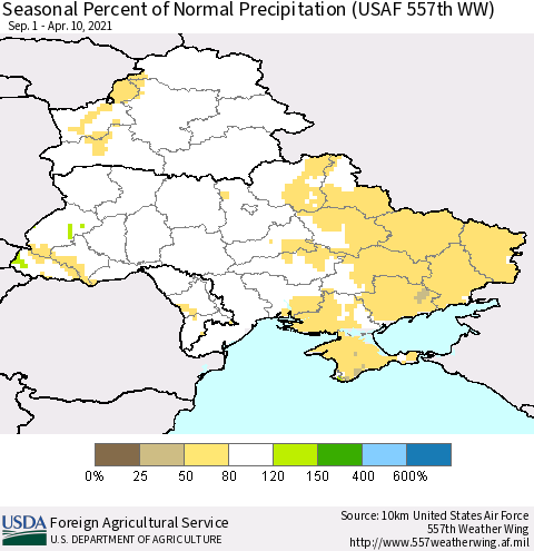 Ukraine, Moldova and Belarus Seasonal Percent of Normal Precipitation (USAF 557th WW) Thematic Map For 9/1/2020 - 4/10/2021