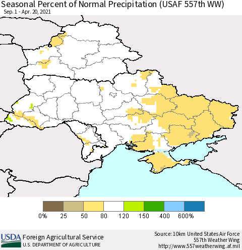 Ukraine, Moldova and Belarus Seasonal Percent of Normal Precipitation (USAF 557th WW) Thematic Map For 9/1/2020 - 4/20/2021