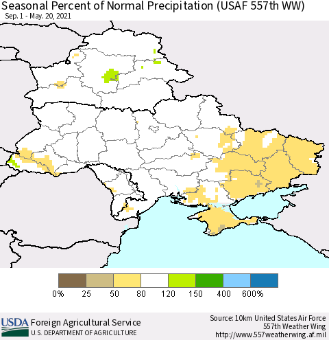 Ukraine, Moldova and Belarus Seasonal Percent of Normal Precipitation (USAF 557th WW) Thematic Map For 9/1/2020 - 5/20/2021