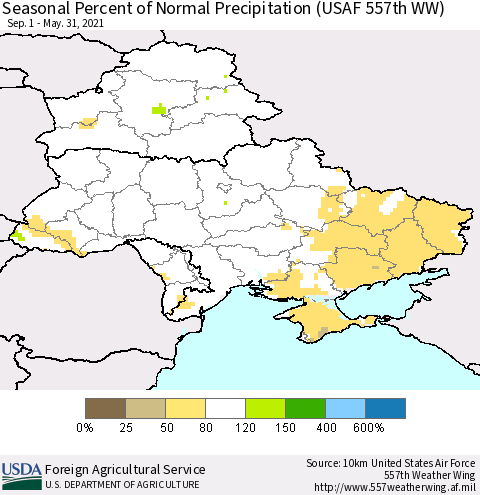 Ukraine, Moldova and Belarus Seasonal Percent of Normal Precipitation (USAF 557th WW) Thematic Map For 9/1/2020 - 5/31/2021