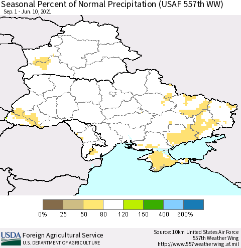 Ukraine, Moldova and Belarus Seasonal Percent of Normal Precipitation (USAF 557th WW) Thematic Map For 9/1/2020 - 6/10/2021