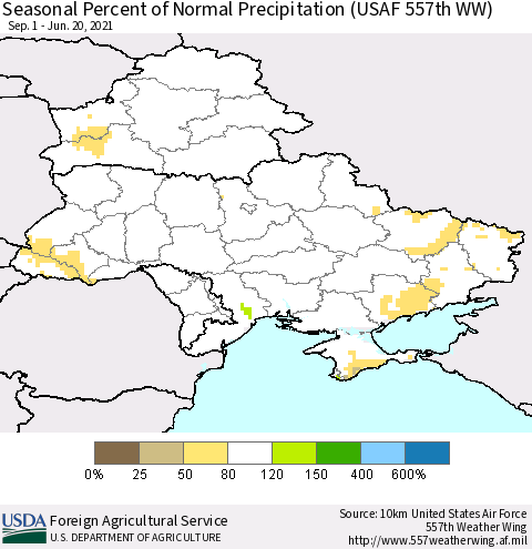 Ukraine, Moldova and Belarus Seasonal Percent of Normal Precipitation (USAF 557th WW) Thematic Map For 9/1/2020 - 6/20/2021