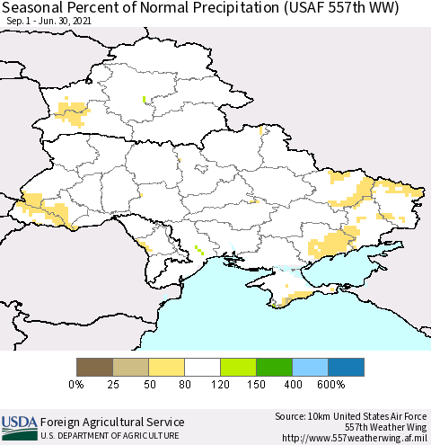 Ukraine, Moldova and Belarus Seasonal Percent of Normal Precipitation (USAF 557th WW) Thematic Map For 9/1/2020 - 6/30/2021
