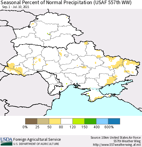 Ukraine, Moldova and Belarus Seasonal Percent of Normal Precipitation (USAF 557th WW) Thematic Map For 9/1/2020 - 7/10/2021