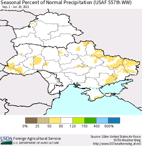 Ukraine, Moldova and Belarus Seasonal Percent of Normal Precipitation (USAF 557th WW) Thematic Map For 9/1/2020 - 7/20/2021