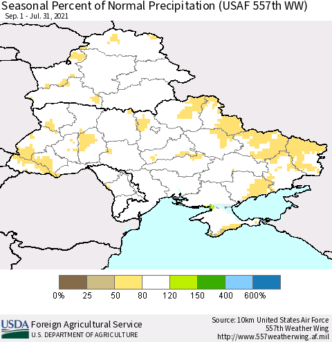 Ukraine, Moldova and Belarus Seasonal Percent of Normal Precipitation (USAF 557th WW) Thematic Map For 9/1/2020 - 7/31/2021