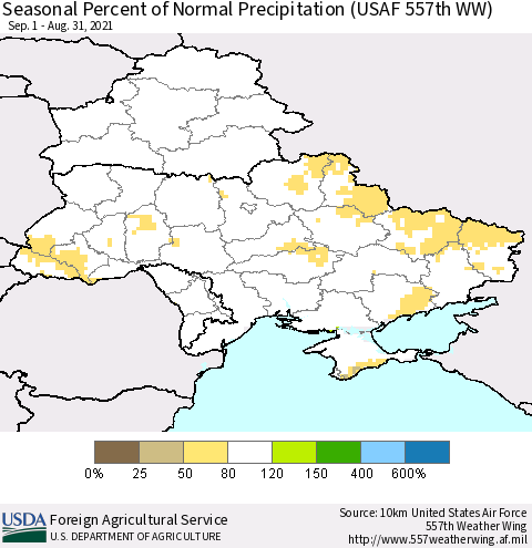 Ukraine, Moldova and Belarus Seasonal Percent of Normal Precipitation (USAF 557th WW) Thematic Map For 9/1/2020 - 8/31/2021
