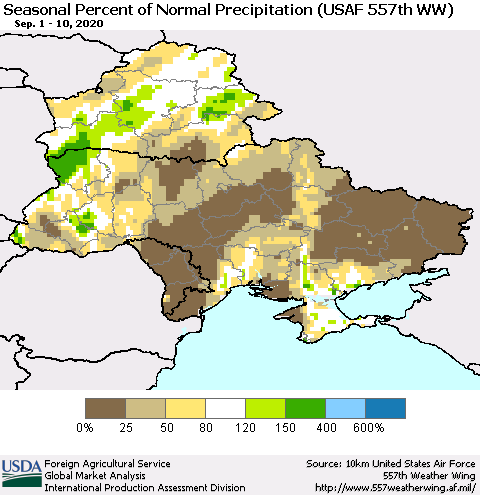 Ukraine, Moldova and Belarus Seasonal Percent of Normal Precipitation (USAF 557th WW) Thematic Map For 9/1/2020 - 9/10/2020