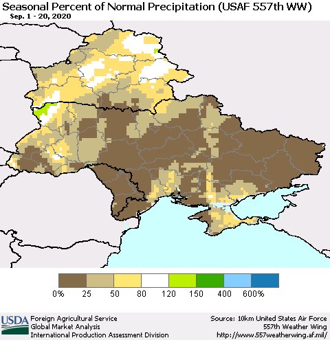 Ukraine, Moldova and Belarus Seasonal Percent of Normal Precipitation (USAF 557th WW) Thematic Map For 9/1/2020 - 9/20/2020