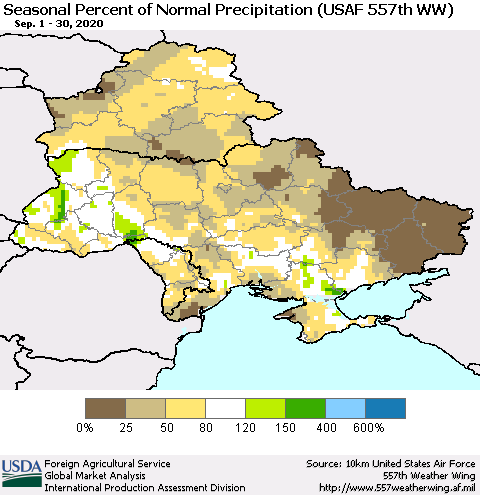 Ukraine, Moldova and Belarus Seasonal Percent of Normal Precipitation (USAF 557th WW) Thematic Map For 9/1/2020 - 9/30/2020