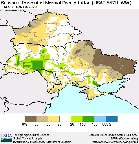 Ukraine, Moldova and Belarus Seasonal Percent of Normal Precipitation (USAF 557th WW) Thematic Map For 9/1/2020 - 10/10/2020