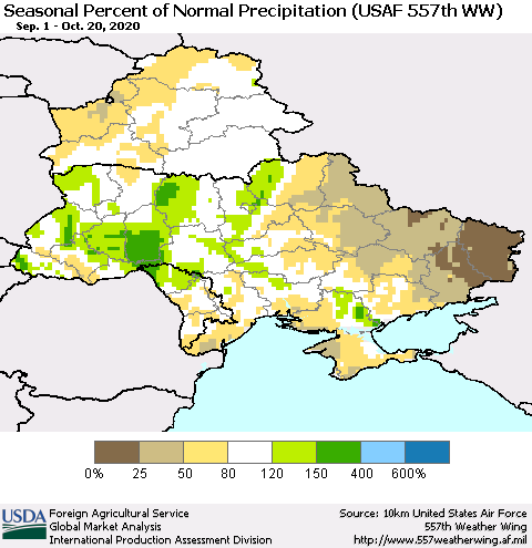 Ukraine, Moldova and Belarus Seasonal Percent of Normal Precipitation (USAF 557th WW) Thematic Map For 9/1/2020 - 10/20/2020