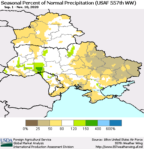 Ukraine, Moldova and Belarus Seasonal Percent of Normal Precipitation (USAF 557th WW) Thematic Map For 9/1/2020 - 11/10/2020