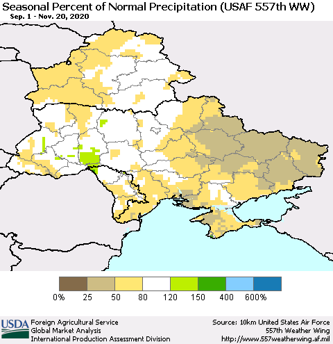 Ukraine, Moldova and Belarus Seasonal Percent of Normal Precipitation (USAF 557th WW) Thematic Map For 9/1/2020 - 11/20/2020