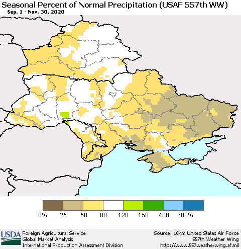 Ukraine, Moldova and Belarus Seasonal Percent of Normal Precipitation (USAF 557th WW) Thematic Map For 9/1/2020 - 11/30/2020