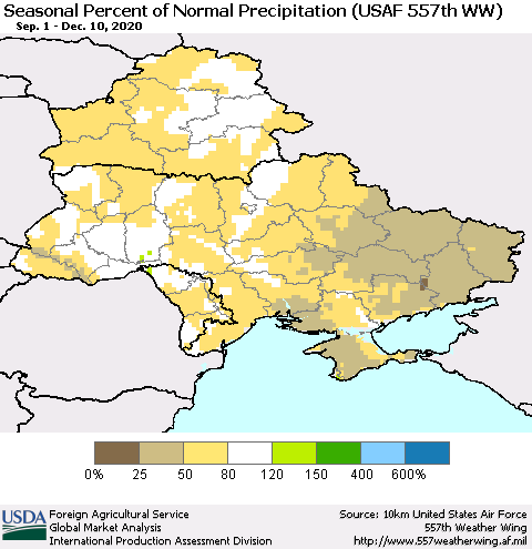 Ukraine, Moldova and Belarus Seasonal Percent of Normal Precipitation (USAF 557th WW) Thematic Map For 9/1/2020 - 12/10/2020
