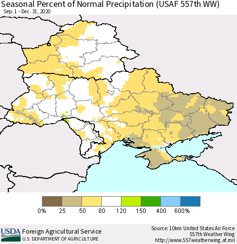 Ukraine, Moldova and Belarus Seasonal Percent of Normal Precipitation (USAF 557th WW) Thematic Map For 9/1/2020 - 12/31/2020
