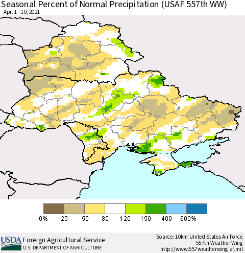 Ukraine, Moldova and Belarus Seasonal Percent of Normal Precipitation (USAF 557th WW) Thematic Map For 4/1/2021 - 4/10/2021