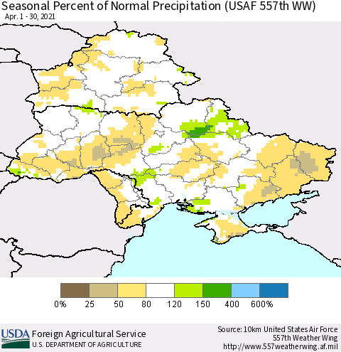 Ukraine, Moldova and Belarus Seasonal Percent of Normal Precipitation (USAF 557th WW) Thematic Map For 4/1/2021 - 4/30/2021