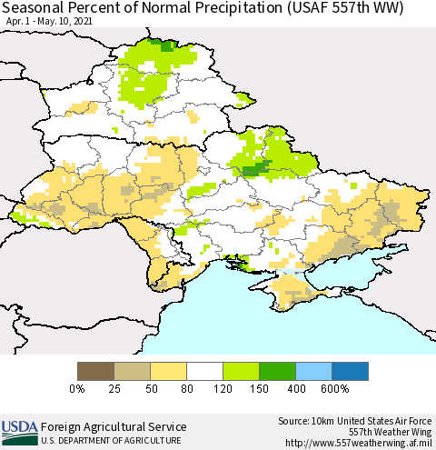 Ukraine, Moldova and Belarus Seasonal Percent of Normal Precipitation (USAF 557th WW) Thematic Map For 4/1/2021 - 5/10/2021