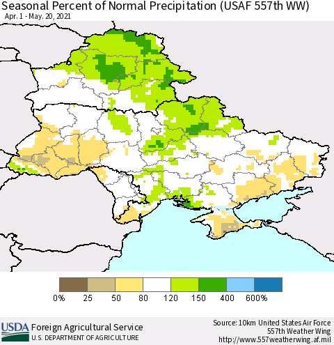 Ukraine, Moldova and Belarus Seasonal Percent of Normal Precipitation (USAF 557th WW) Thematic Map For 4/1/2021 - 5/20/2021