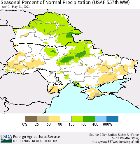 Ukraine, Moldova and Belarus Seasonal Percent of Normal Precipitation (USAF 557th WW) Thematic Map For 4/1/2021 - 5/31/2021