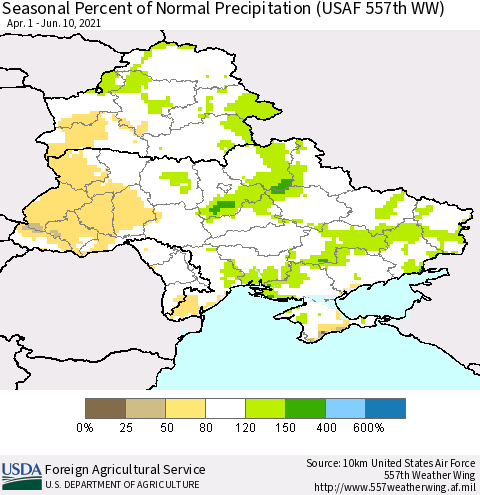 Ukraine, Moldova and Belarus Seasonal Percent of Normal Precipitation (USAF 557th WW) Thematic Map For 4/1/2021 - 6/10/2021