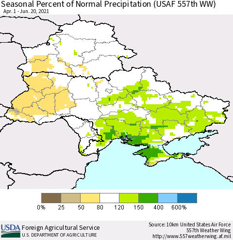 Ukraine, Moldova and Belarus Seasonal Percent of Normal Precipitation (USAF 557th WW) Thematic Map For 4/1/2021 - 6/20/2021